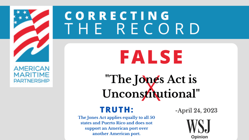 The Jones Act is not Unconstitutional. The Jones Act applies equally to all 50 states and Puerto Rico and does not support an American port over another American port.