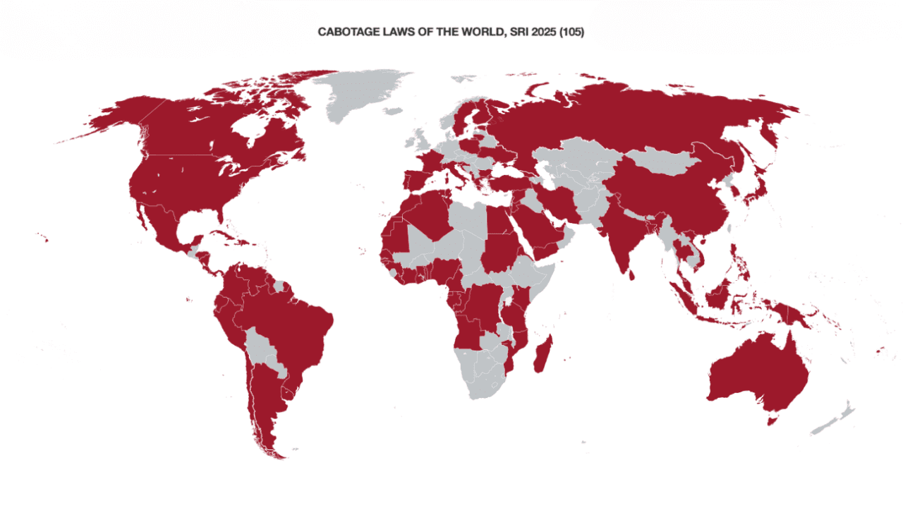 Map of 105 nations across the world that have cabotage laws, as recorded by the Seafarers Rights International