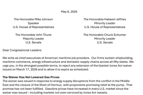Over 100 Leaders Urge Congress to Let Jones Act Waiver Expire