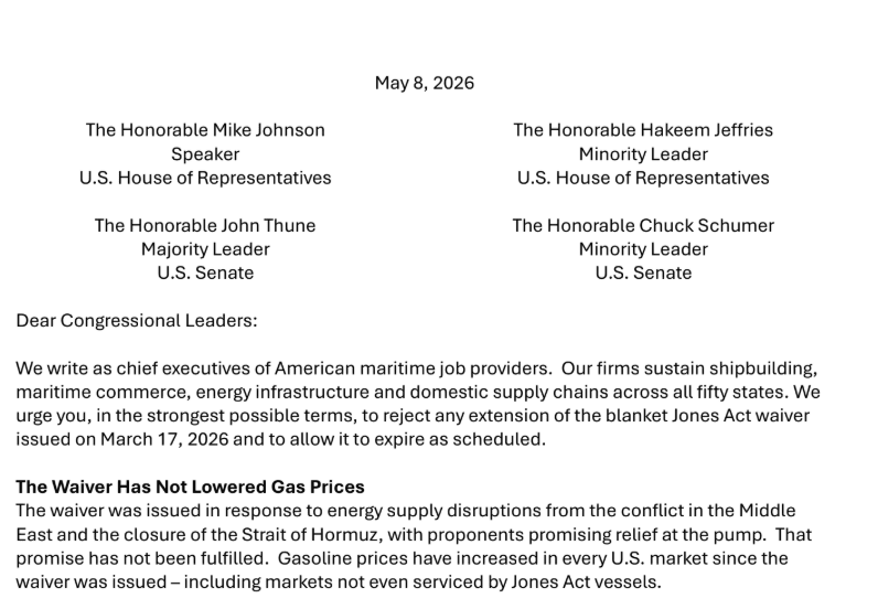 Over 100 Leaders Urge Congress to Let Jones Act Waiver Expire